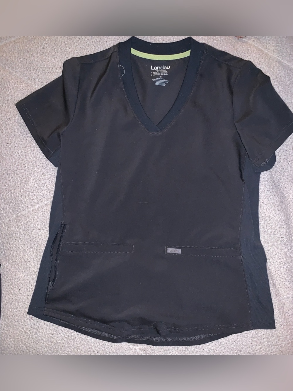 Landau Women’s Black V-Neck Medical Scrub Top with Subtle Lime Trim